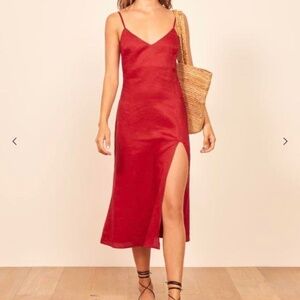 Reformation Brianna Side Slit Linen Dress (Color: Cherry)